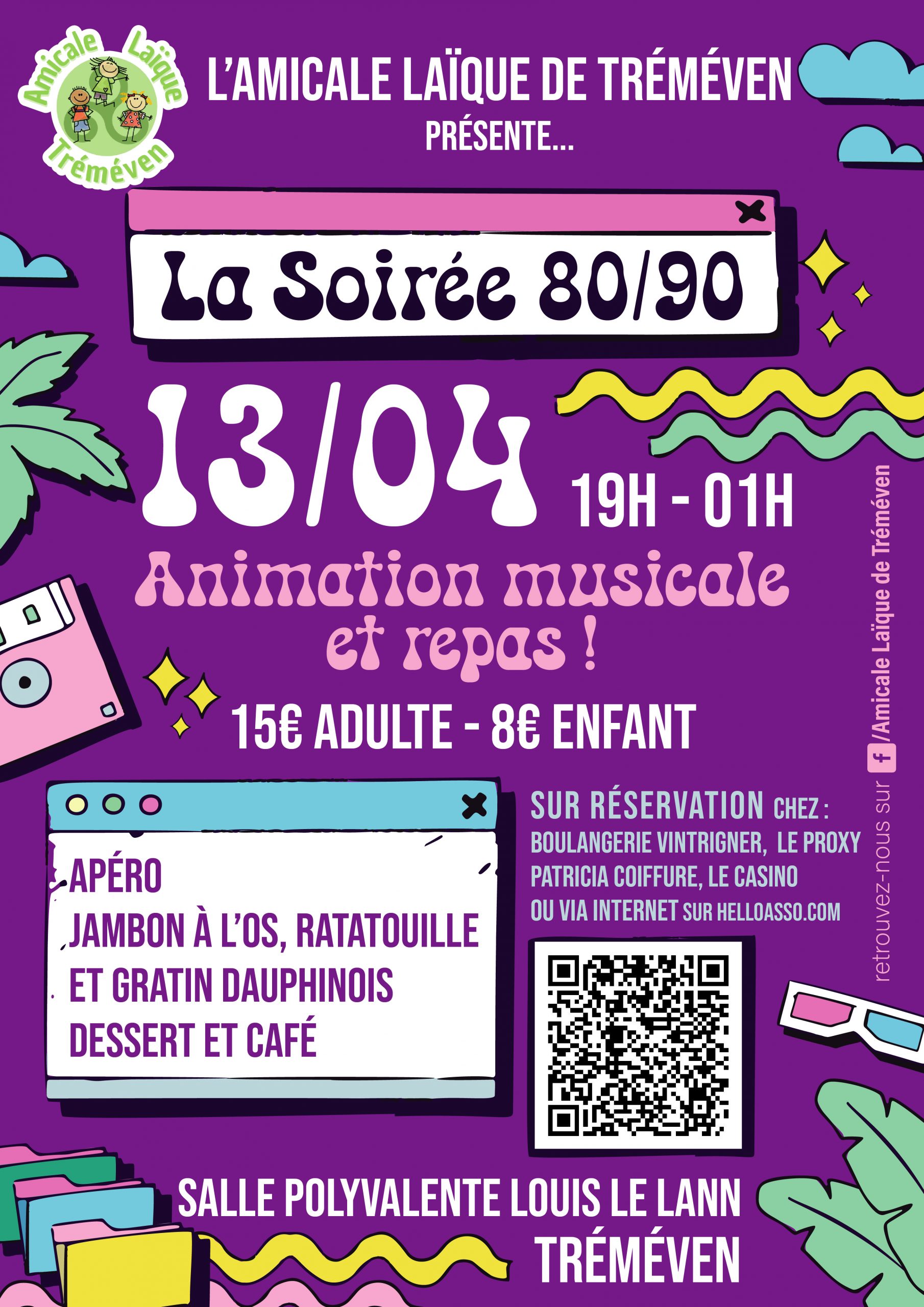 L’amicale Laïque de Tréméven organise – SOIRÉE ANNÉE 80/90 et Repas – Samedi 13 Avril à partir de 19h – sur réservation