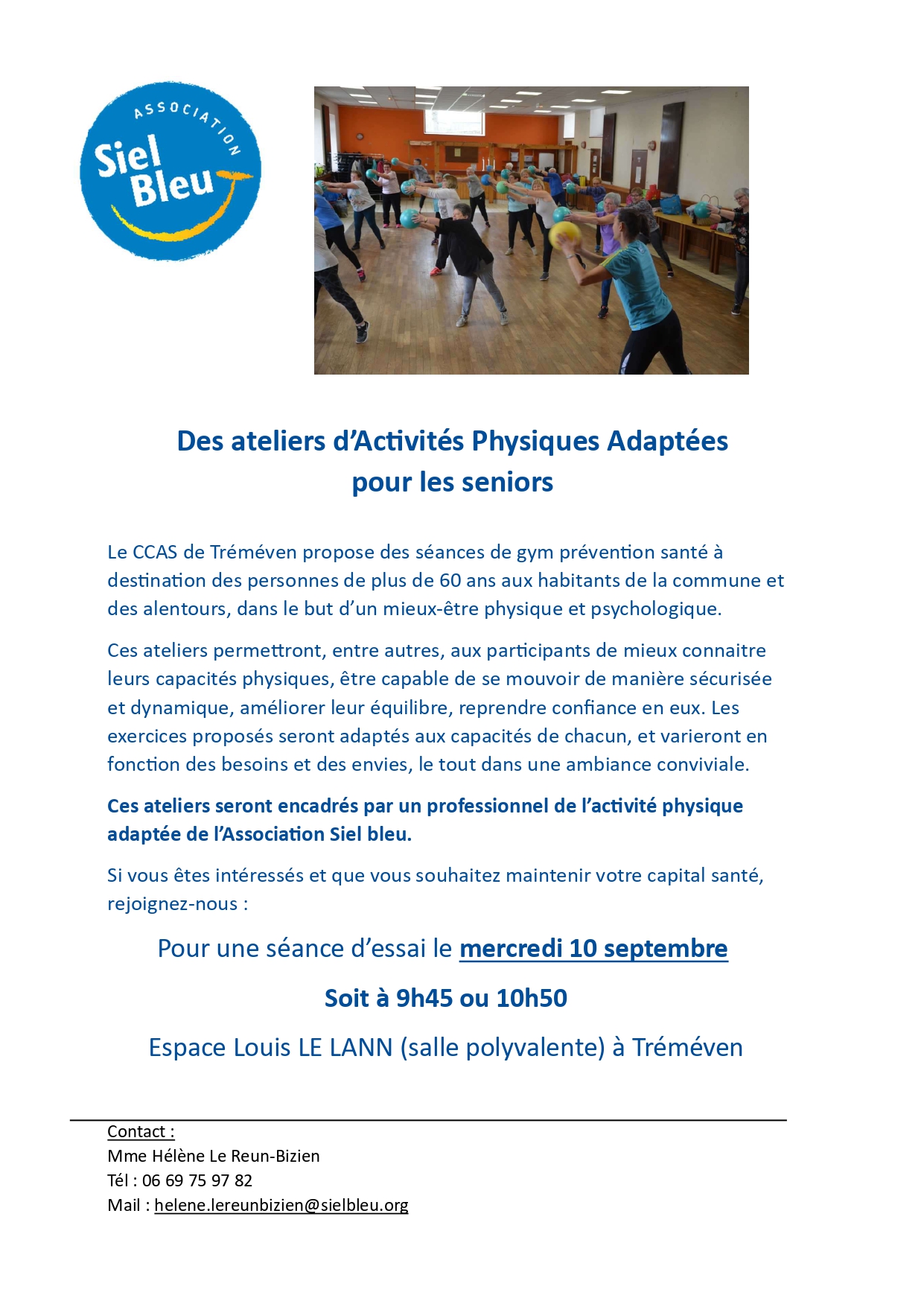 SIEL BLEU – Reprise des cours mercredi 10 Septembre à 9h45 et – ou à10h50 à l’Espace Louis LE LANN.