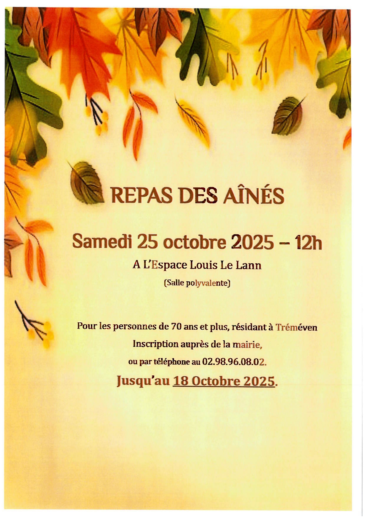 Repas des aînés le 25 octobre 2025 à 12h – Inscription en mairie jusqu’au 18 octobre