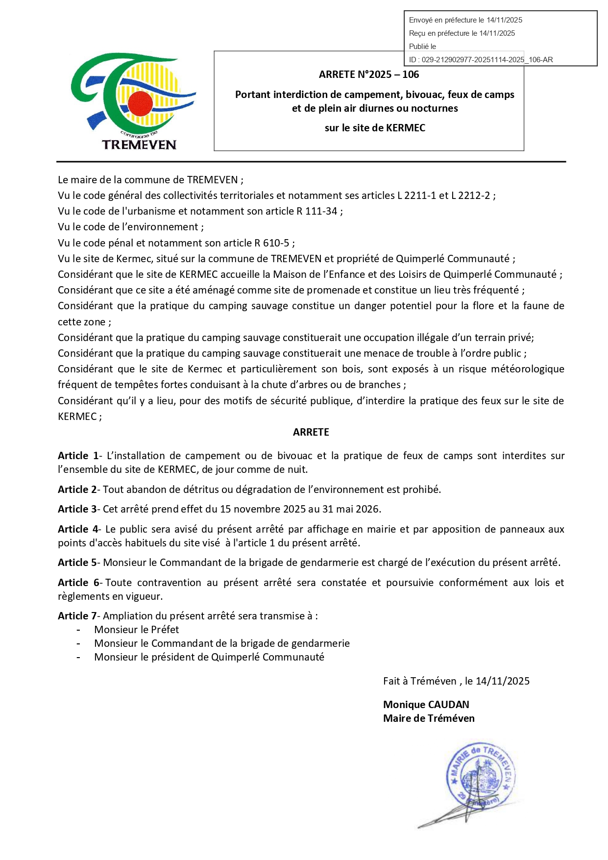Arrêté portant interdiction de campement, bivouac, feux de camps et de plein air diurnes ou nocturnes